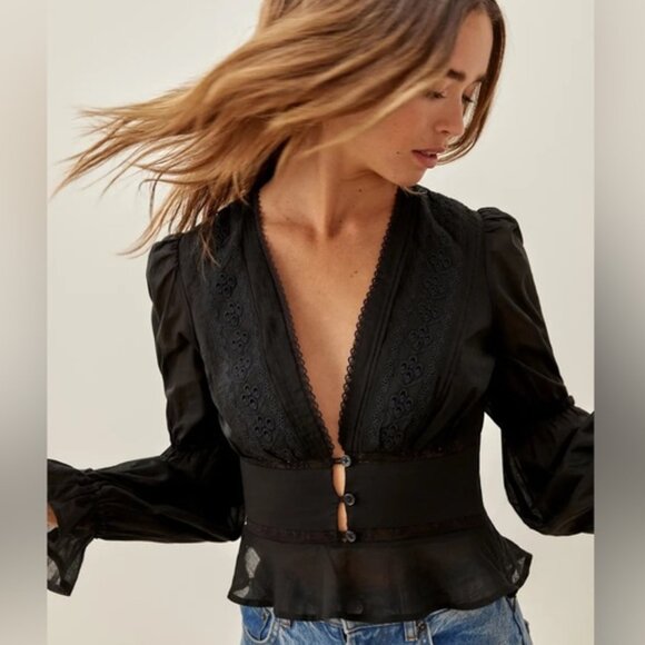 Reformation Tops - NWT Reformation Meadowlark Top Black Lace Long Sleeve Blouse Crochet | US 2 UK 6